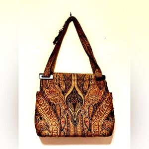 Vintage Carpet Tapestry Vacation Bag Coconut Wood Top w/Adjustable Stap